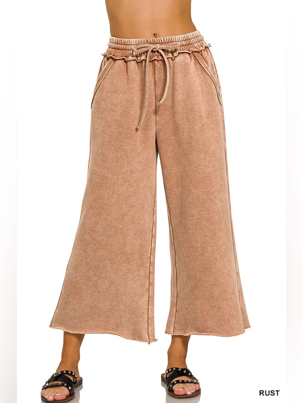 Zenana Rust Acid Wash Fleece Palazzo Sweatpants with Pockets - Picture 1 of 2